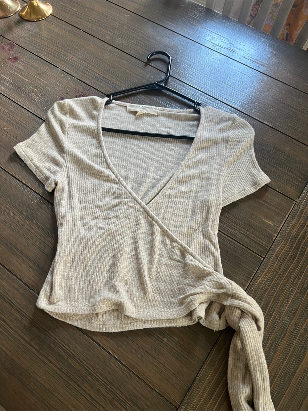 Urban Outfitters Ribbed Wrap Crop Top in Light Beige